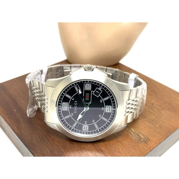 Gucci Men's Watch YA126201 G-Timeless Swiss Quartz Black Dial Silver Steel 44mm - Picture 9 of 15